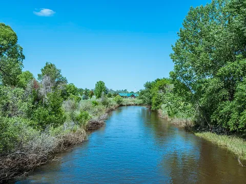 The Cache la Poudre River at Windsor in summer, cottonwoods on both banks and a park shelter beyond